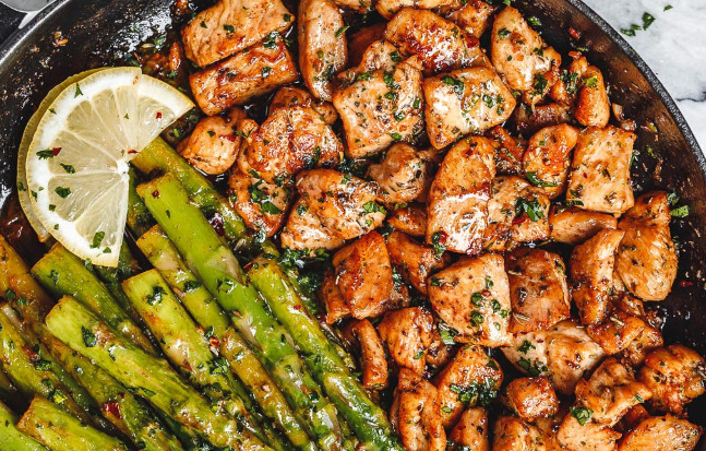 Garlic Butter Chicken Bites with Lemon Asparagus