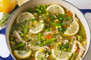 spring chicken soup with lemons and veggies